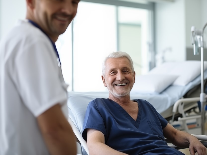Urologista explicando para seu paciente, homem por volta dos 55 anos que está deitado em uma cama de hospital, se o câncer de próstata tem cura.