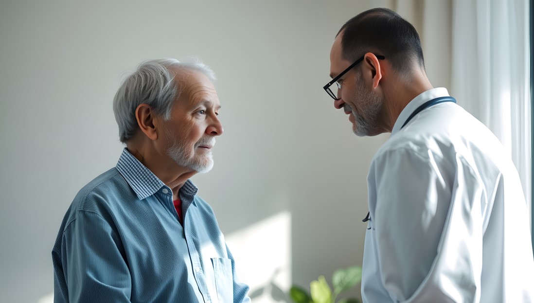 Médico urologista explicando sobre o HoLEP, cirurgia para próstata aumentada, para seu paciente, homem por volta dos 65 anos.