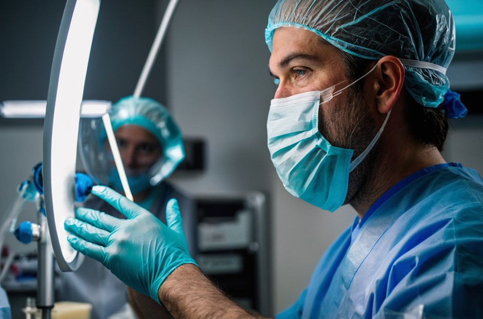 Médico urologista realizando um procedimento com GreenLight Laser para hiperplasia prostática benigna. 