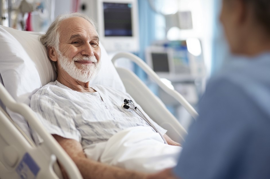 Homem, por volta dos 70 anos, deitado em uma cama de hospital conversando com seu médico urologista após passar pelo procedimento de retirada da próstata.