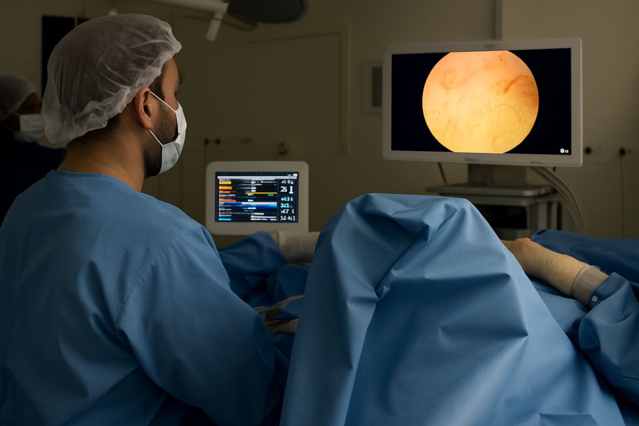 Cirurgião realiza HoLEP em centro moderno com laser de hólmio e monitores de alta definição, técnica minimamente invasiva.
