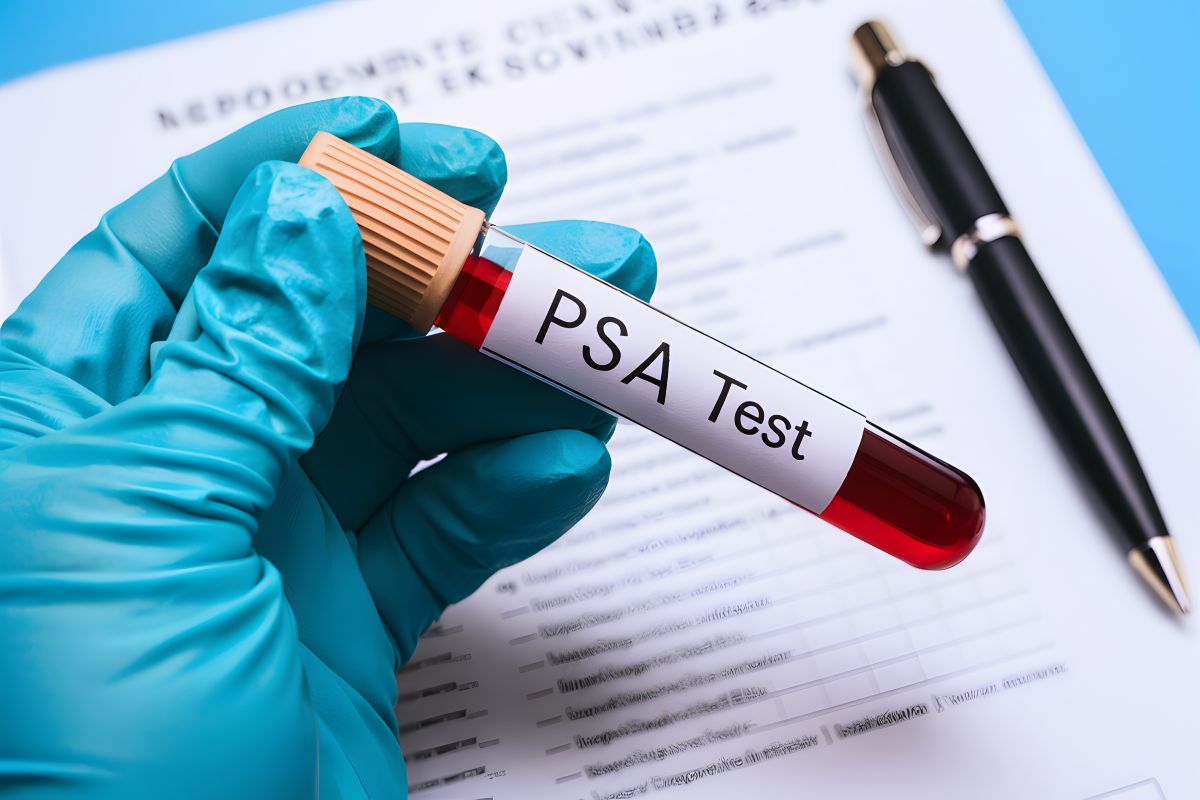 Quando o PSA é preocupante? Diferença entre HPB e câncer mão enluvada segurando um tubo de ensaio com sangue e o rótulo "PSA Test", sobre um documento médico e uma caneta. Este exame clínico é crucial para monitorar a saúde da próstata, com a relevância de identificar quando o PSA é preocupante e requer avaliação médica.