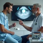 Médico mostra em tela de ultrassom a região da próstata para paciente sentado