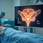 Sala de cirurgia moderna com foco na região pélvica masculina em destaque em tela holográfica