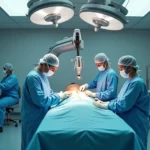 Equipe de cirurgia urológica conduzindo prostatectomia com robô em sala operatória moderna