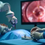 Close-up de console de cirurgia robótica urológica em hospital moderno