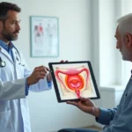 Urologista mostra ilustração da próstata para paciente em consultório moderno