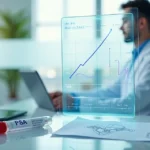 Gráfico de PSA em tela digital ao lado de amostra de sangue em laboratório moderno