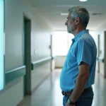 Homem de meia idade em corredor de hospital olhando atento para painel com sinais de alerta de saúde da próstata