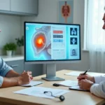 Homem de meia idade analisa exame de próstata com urologista em consultório moderno