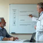 Homem em consulta avaliando opções de tratamento urológico em quadro explicativo