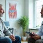 Homem conversando com urologista em consultório moderno