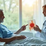 Homem em leito hospitalar conversando com médica apontando para modelo anatômico da próstata