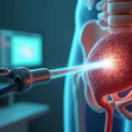 Esquema realista de próstata masculina sendo tratada com laser em ambiente tecnológico
