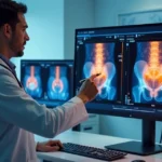 Urologista analisa exame de próstata em tomografia detalhada na tela