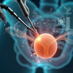 Ilustração médica mostrando nervos delicados ao redor da próstata destacados em cirurgia robótica minimamente invasiva