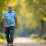Homem de meia idade caminhando em parque após recuperação de cirurgia urológica HoLEP