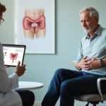 Urologista explicando retenção urinária para paciente preocupado com próstata aumentada