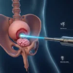 Visão 3D de próstata e canal urinário com iltro destacando cirurgia a laser HoLEP