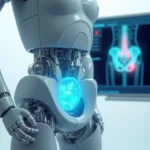 Representação 3D de cirurgia robótica de próstata com robô e pelve em destaque