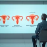 Comparação de tamanhos de próstata em painel informativo atrás de homem pensativo