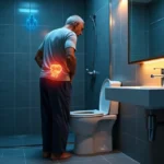Homem maduro em pé à noite no banheiro aparentando dificuldade para urinar