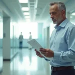 Homem observa exame de sangue em corredor de laboratório moderno.