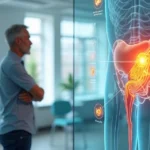 Homem observando infográfico digital sobre tratamento da próstata aumentada
