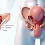 Ilustração médica mostrando relação entre bexiga de esforço e próstata aumentada