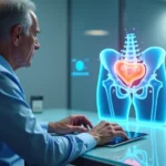 Homem analisa holograma de próstata e robô cirúrgico em ambiente moderno