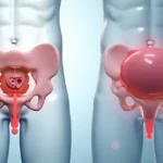Ilustração 3D comparando próstata normal e próstata aumentada ao lado da bexiga